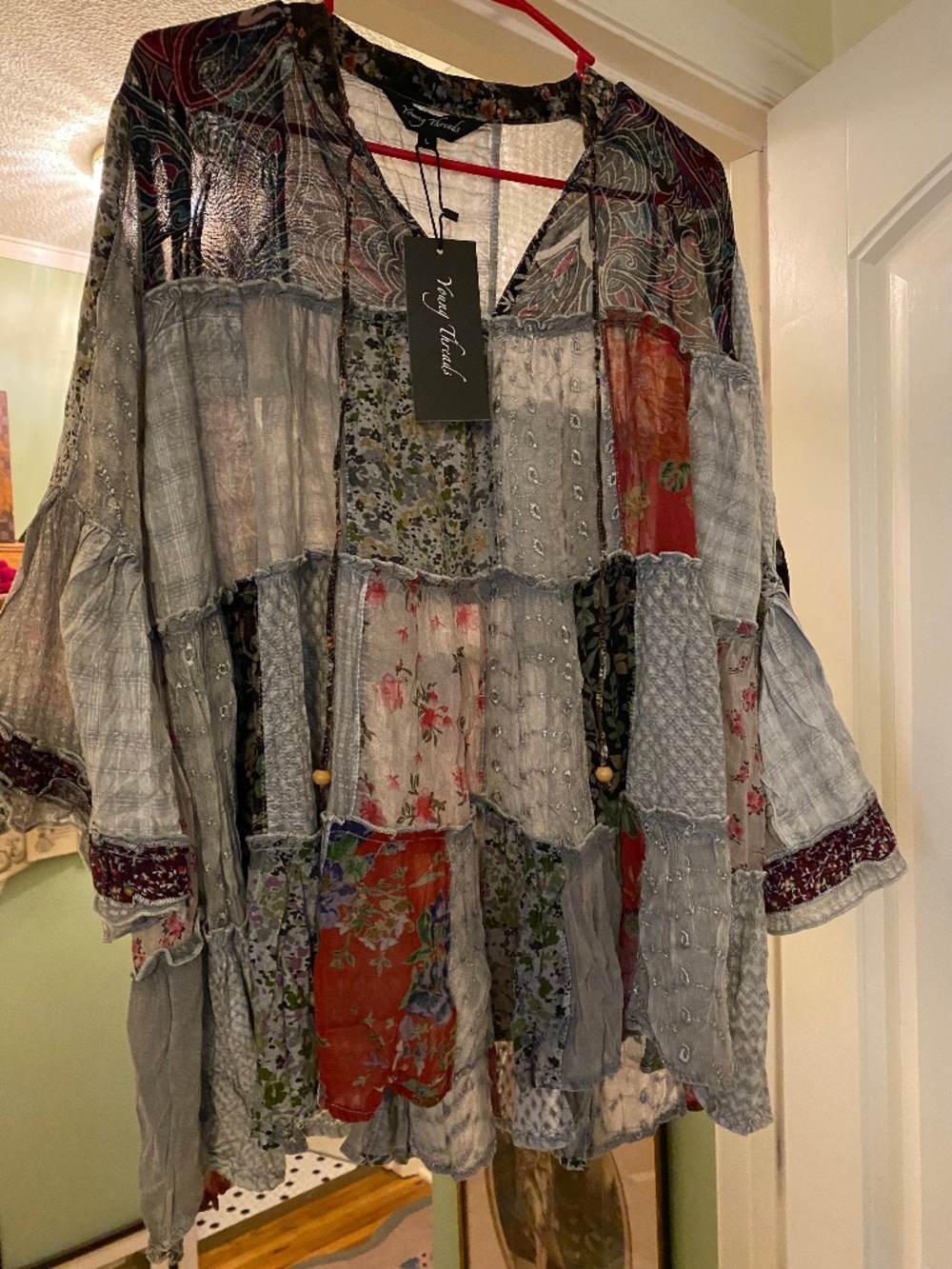 NWT Young Threads Boho Mixed-Print Peasant Blouse